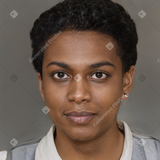 Neutral black young-adult female with short  black hair and brown eyes