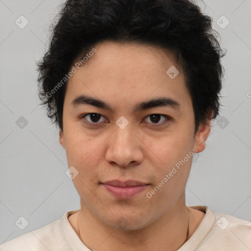 Joyful latino young-adult male with short  brown hair and brown eyes