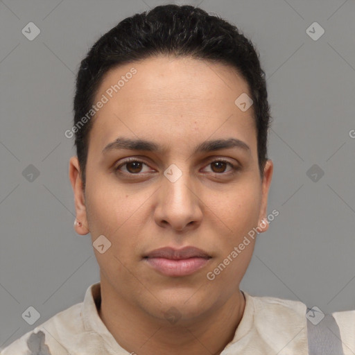 Joyful latino young-adult female with short  brown hair and brown eyes