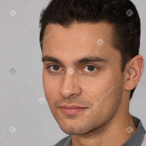 Neutral white young-adult male with short  brown hair and brown eyes