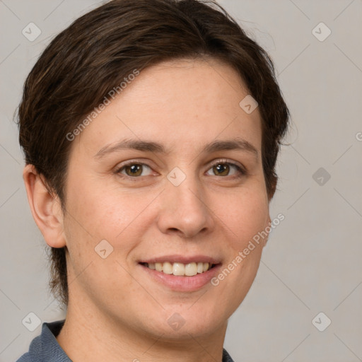 Joyful white young-adult female with medium  brown hair and grey eyes