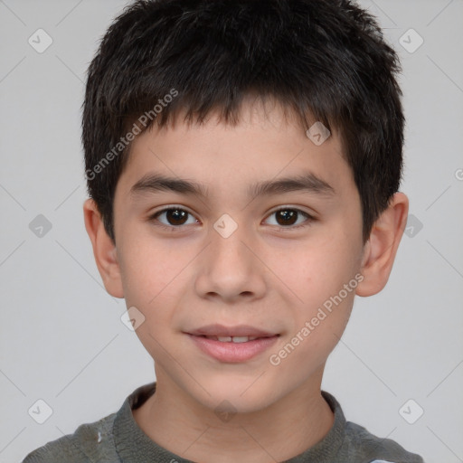 Joyful white child male with short  brown hair and brown eyes