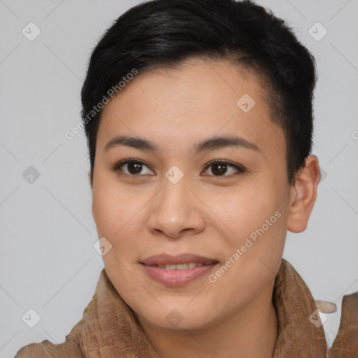 Joyful latino young-adult female with short  brown hair and brown eyes