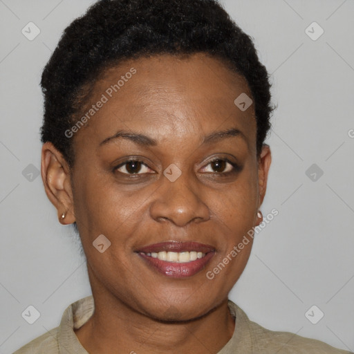 Joyful black adult female with short  brown hair and brown eyes