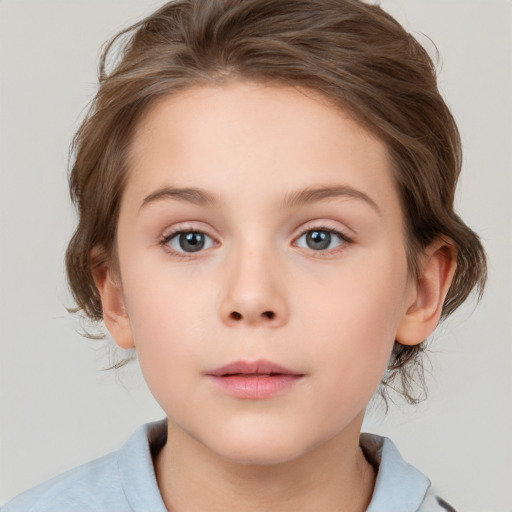 Neutral white child female with medium  brown hair and grey eyes