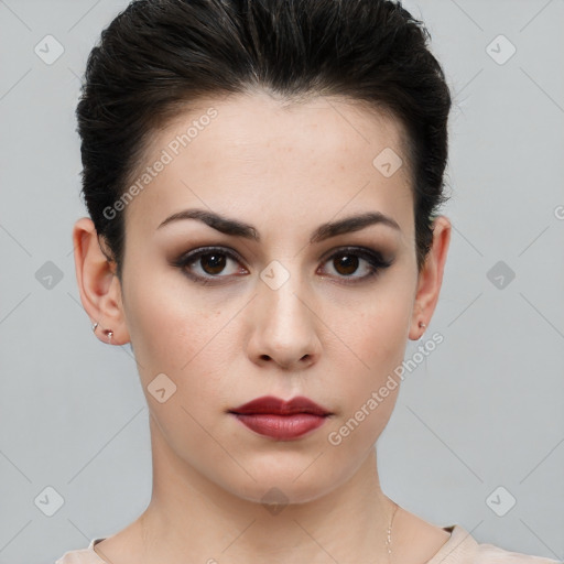 Neutral white young-adult female with short  brown hair and brown eyes