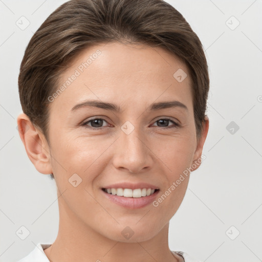 Joyful white young-adult female with short  brown hair and brown eyes