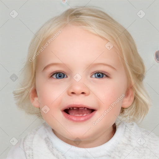 Joyful white child female with medium  brown hair and blue eyes