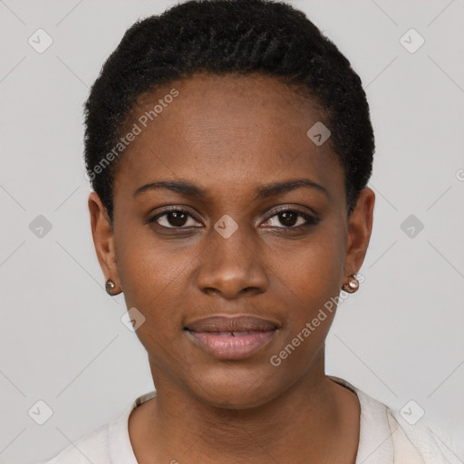 Neutral black young-adult female with short  black hair and brown eyes