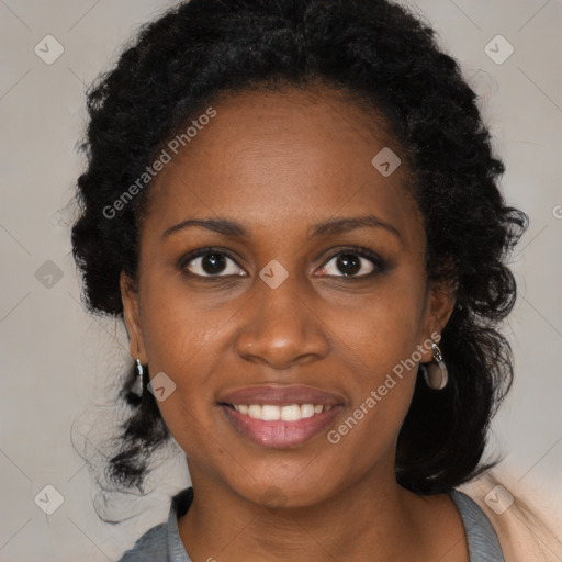 Joyful black young-adult female with medium  black hair and brown eyes