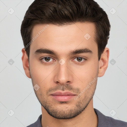 Neutral white young-adult male with short  brown hair and brown eyes