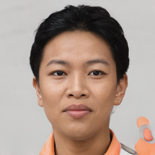 Neutral asian young-adult female with short  black hair and brown eyes