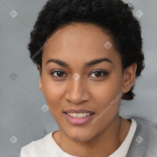 Joyful latino young-adult female with short  black hair and brown eyes