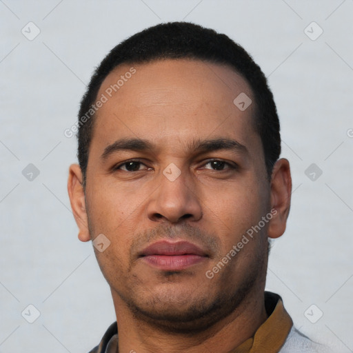 Neutral latino young-adult male with short  black hair and brown eyes