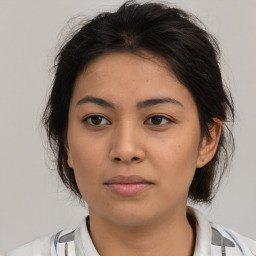 Neutral asian young-adult female with medium  brown hair and brown eyes