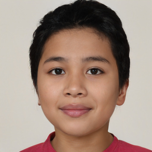 Joyful asian young-adult female with short  black hair and brown eyes