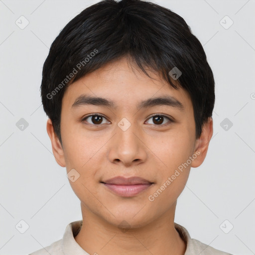 Joyful latino young-adult female with short  black hair and brown eyes