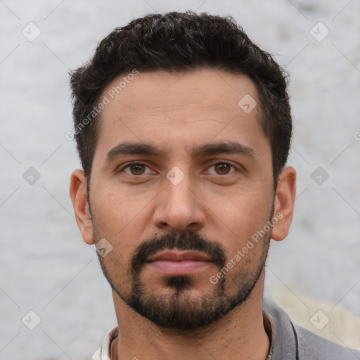Neutral white young-adult male with short  black hair and brown eyes