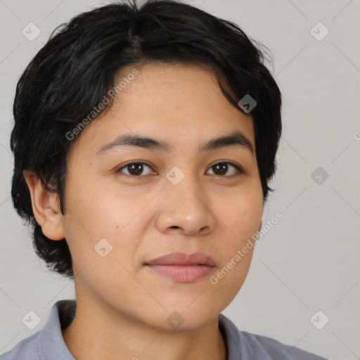 Neutral white young-adult female with medium  brown hair and brown eyes