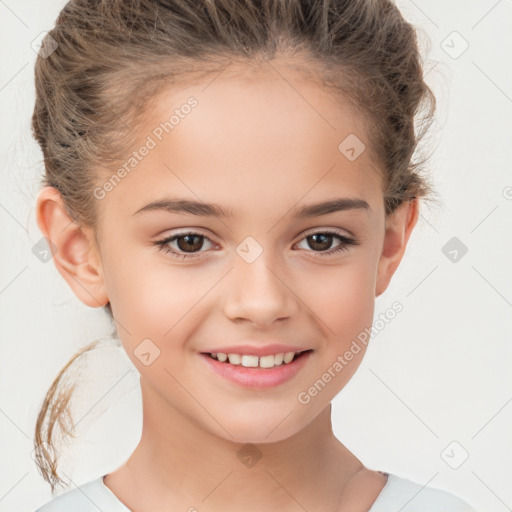 Joyful white child female with short  brown hair and brown eyes