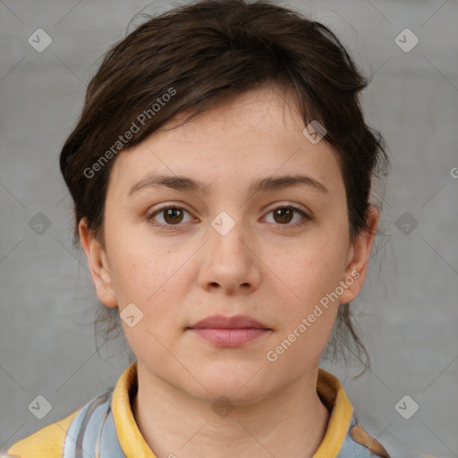 Neutral white young-adult female with short  brown hair and brown eyes