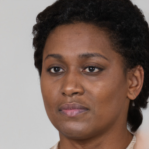 Neutral black young-adult female with short  brown hair and brown eyes