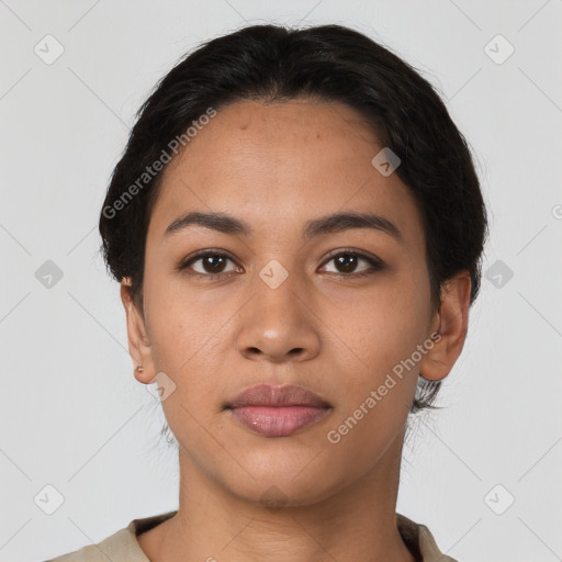 Neutral latino young-adult female with short  black hair and brown eyes