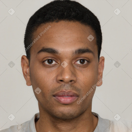 Neutral black young-adult male with short  black hair and brown eyes