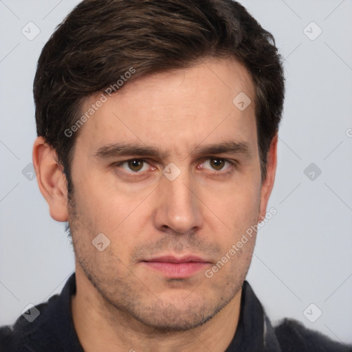 Neutral white adult male with short  brown hair and brown eyes