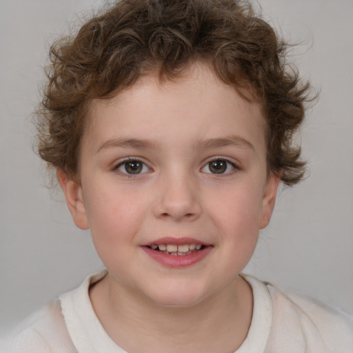 Joyful white child female with short  brown hair and brown eyes