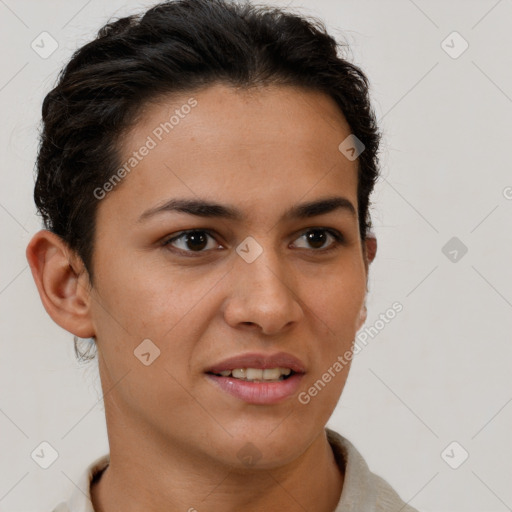 Joyful white young-adult female with short  brown hair and brown eyes