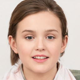 Joyful white child female with medium  brown hair and grey eyes