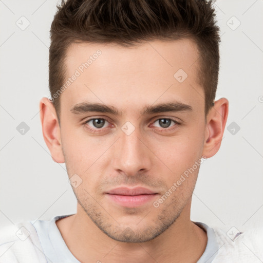 Neutral white young-adult male with short  brown hair and brown eyes