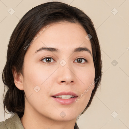 Neutral white young-adult female with medium  brown hair and brown eyes