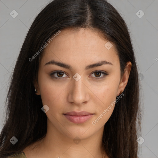 Joyful white young-adult female with long  brown hair and brown eyes