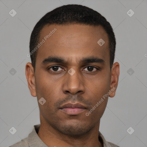 Neutral latino young-adult male with short  black hair and brown eyes