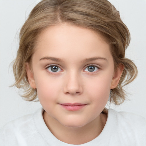 Joyful white child female with medium  brown hair and blue eyes