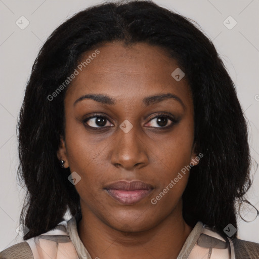 Neutral latino young-adult female with medium  black hair and brown eyes