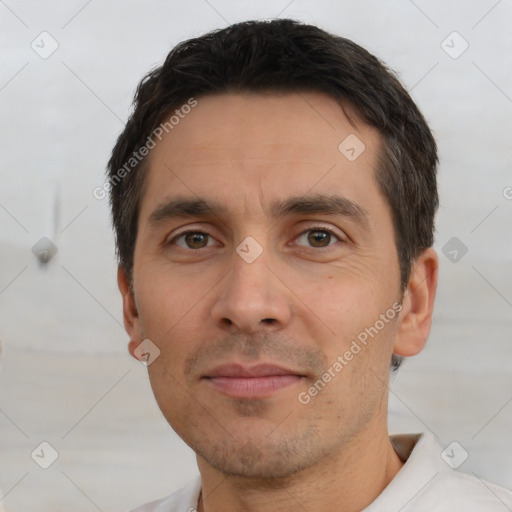 Neutral white adult male with short  black hair and brown eyes