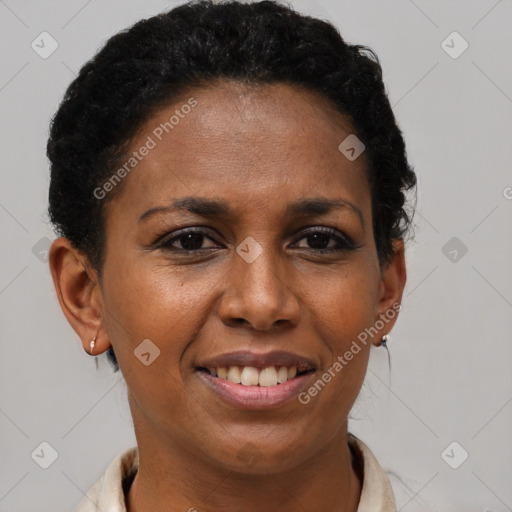 Joyful black young-adult female with short  brown hair and brown eyes