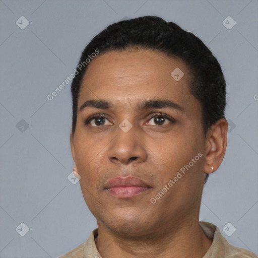 Neutral latino young-adult male with short  black hair and brown eyes