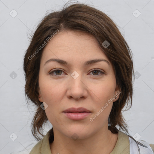 Neutral white young-adult female with medium  brown hair and brown eyes