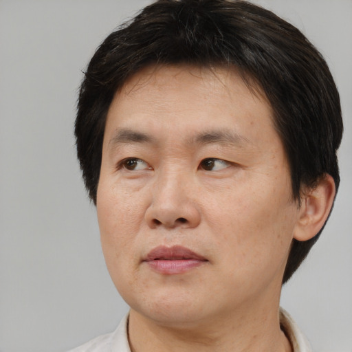 Joyful asian adult male with short  brown hair and brown eyes