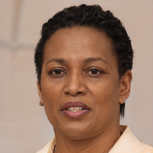 Joyful black adult female with short  brown hair and brown eyes