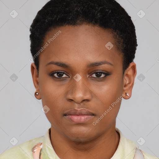 Neutral latino young-adult female with short  black hair and brown eyes