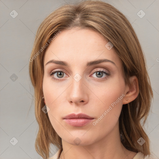 Neutral white young-adult female with medium  brown hair and brown eyes