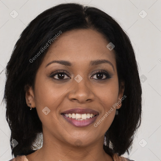 Joyful latino young-adult female with long  brown hair and brown eyes