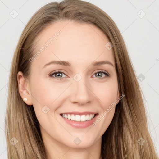 Joyful white young-adult female with long  brown hair and grey eyes