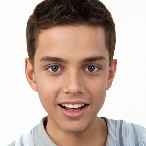 Joyful white child male with short  brown hair and brown eyes