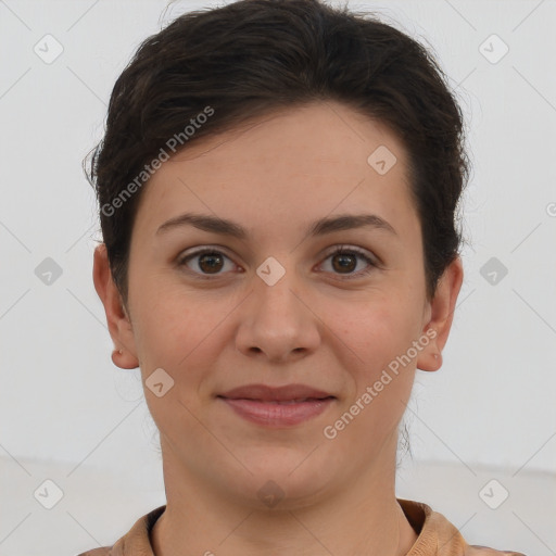 Joyful white young-adult female with short  brown hair and brown eyes